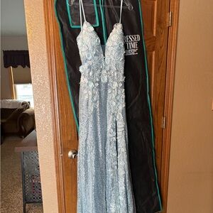 Jovani- Light Blue Sequin Floral Appliqué Prom Gown